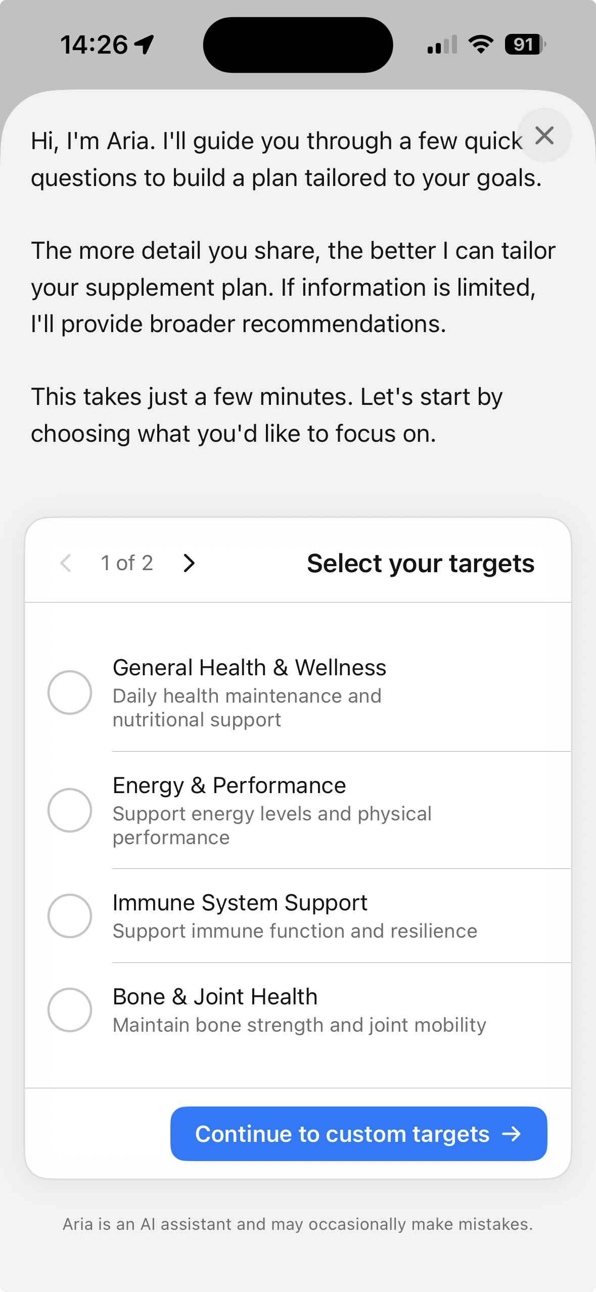 Aria — guided assessment selecting your targets
