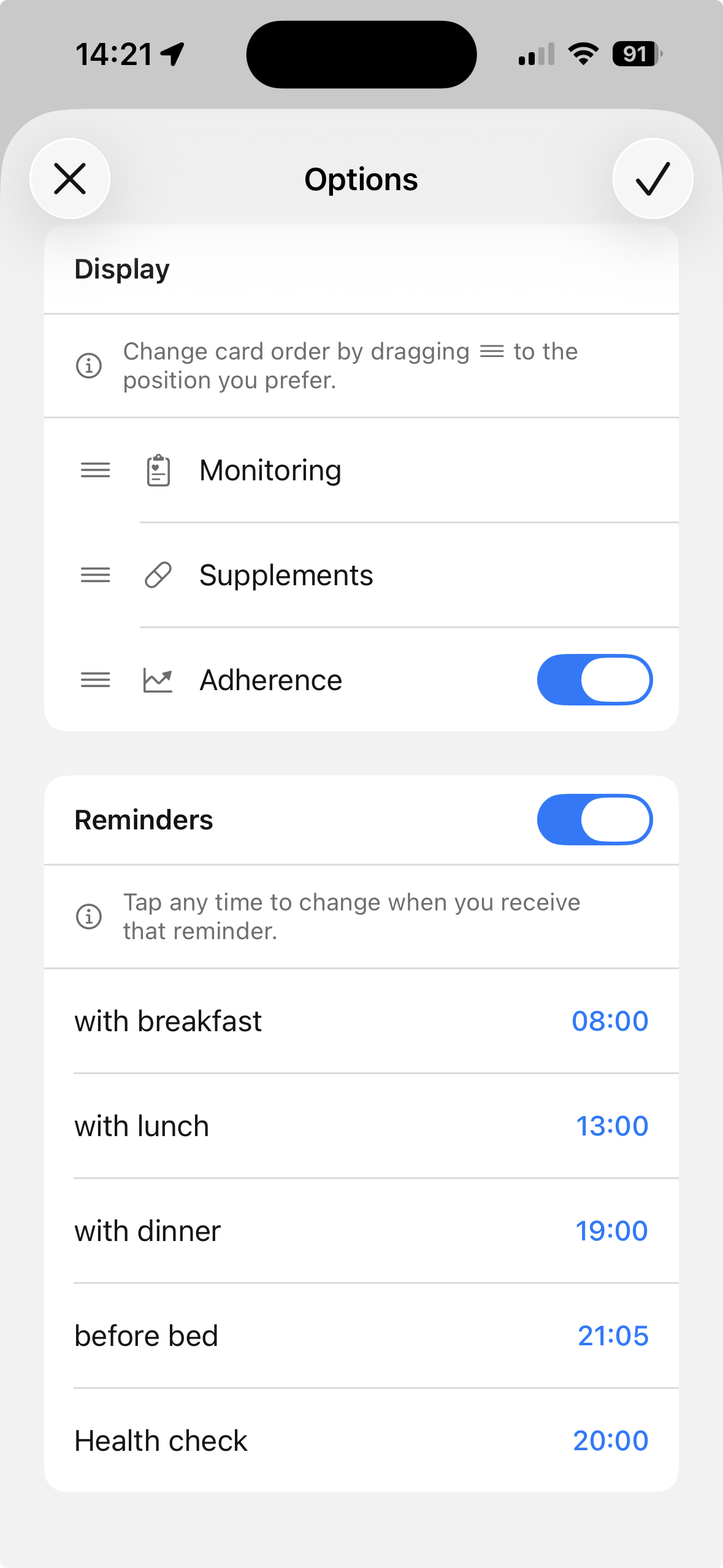 Options — customizable reminders and display