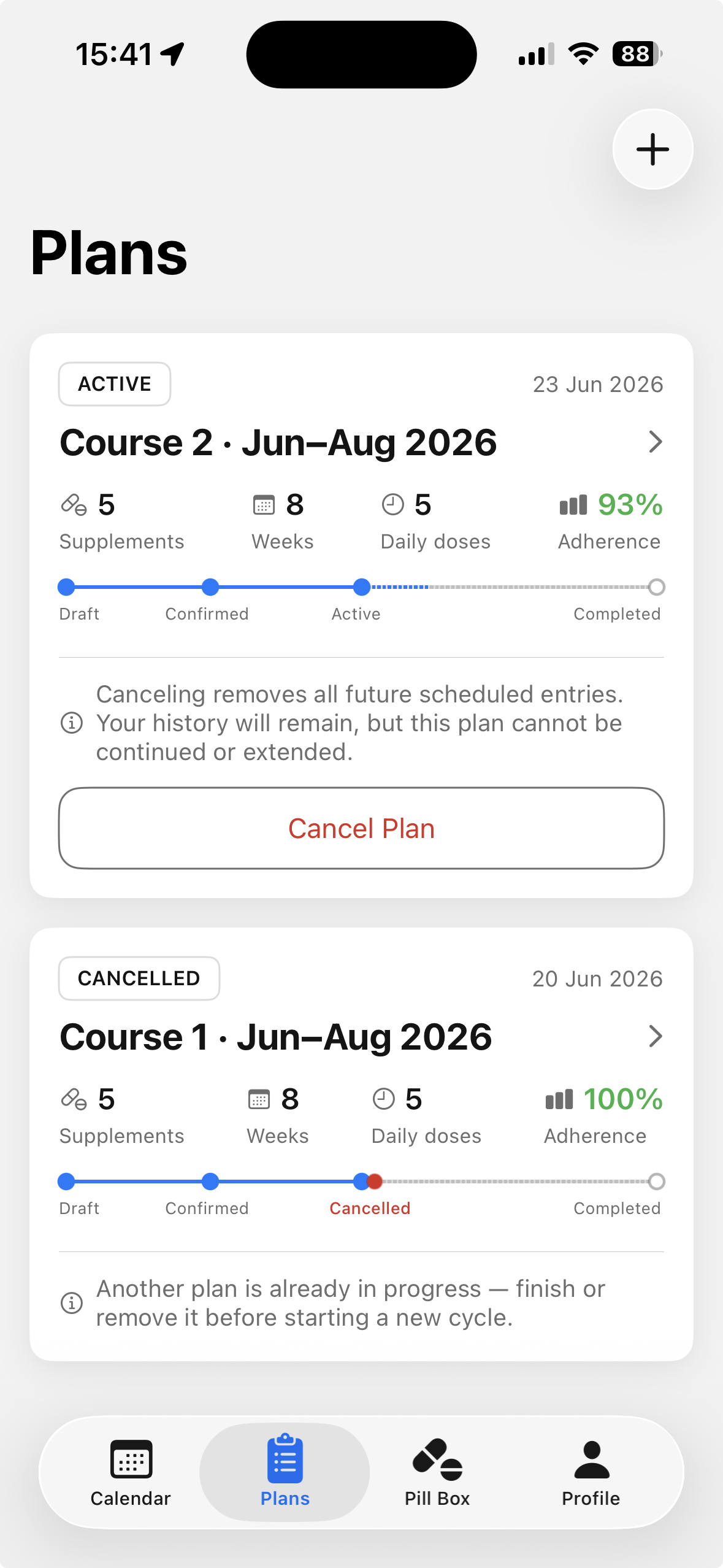 Plans — active and cancelled courses with lifecycle progress